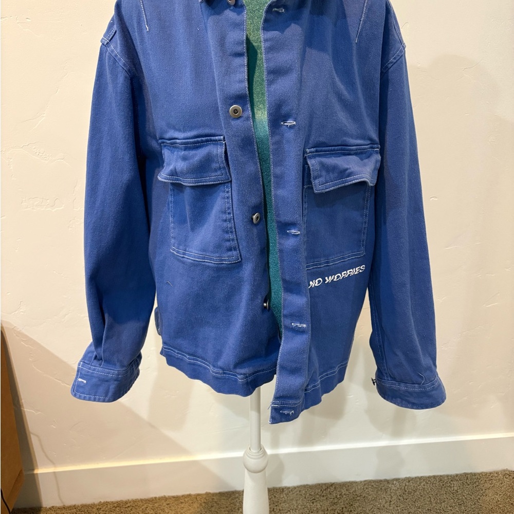 Urban Outfitters Blue denim “No Worries” embroidered jacket